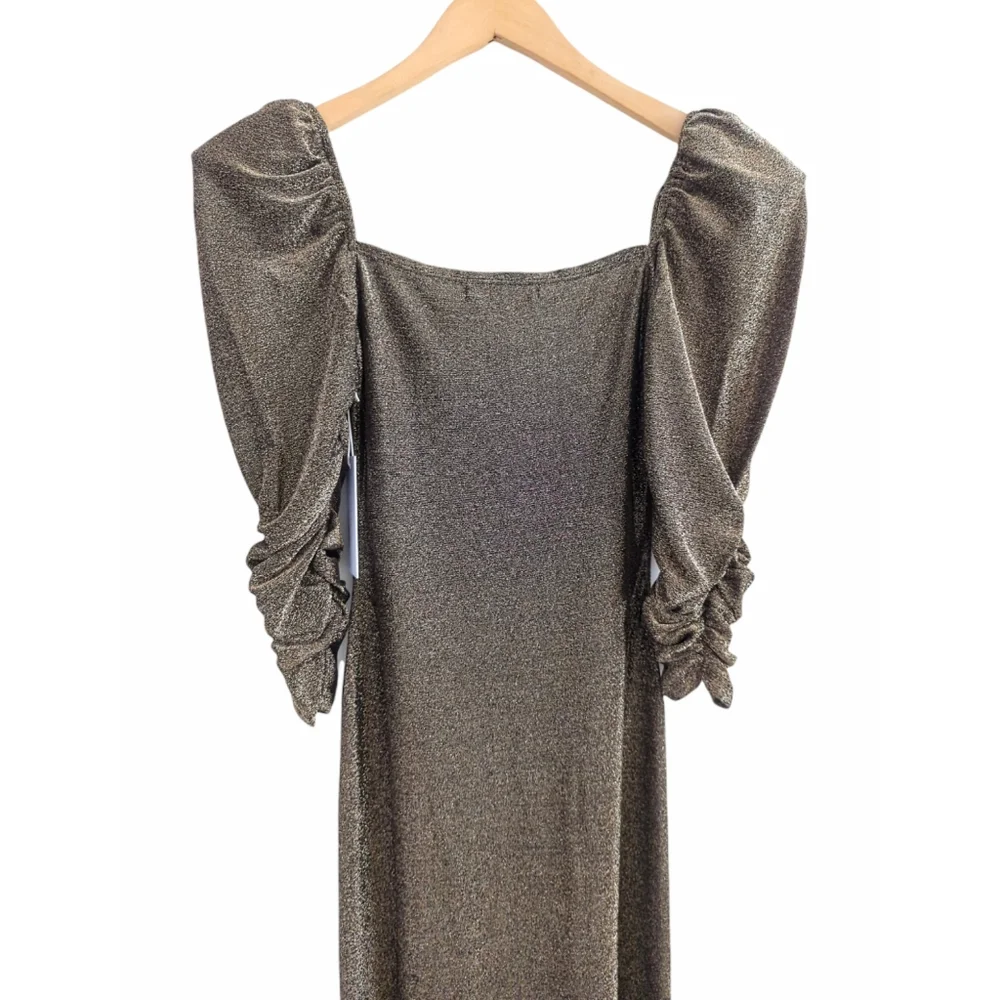 Reformation 'Rahm' Ruched Puff Sleeve Dress in Bronze Sparkle Size XS - Picture 12 of 13